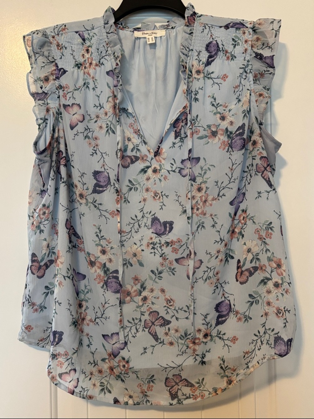 Haven + Blair Light Blue Floral & Butterfly Ruffle Sleeve Blouse